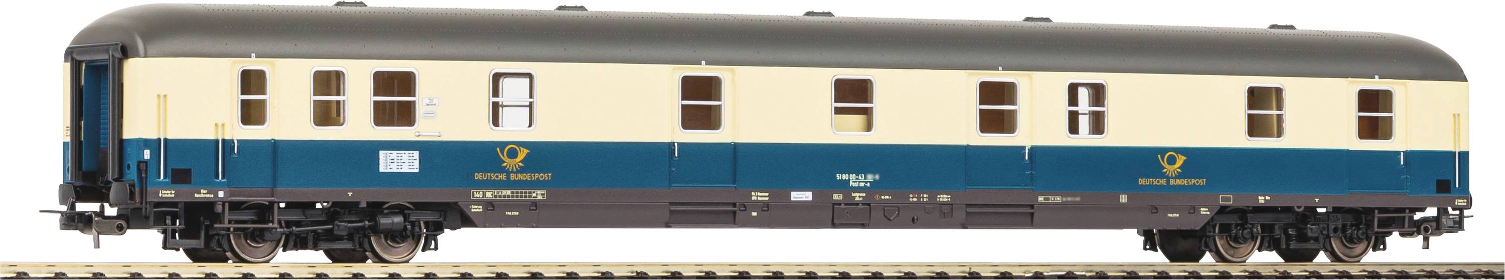 Ein Modell einer zweifarbigen Eisenbahn-Personenwagens des deutschen Postdienstes auf einem Gleis, cremefarben mit blauer Unterseite.