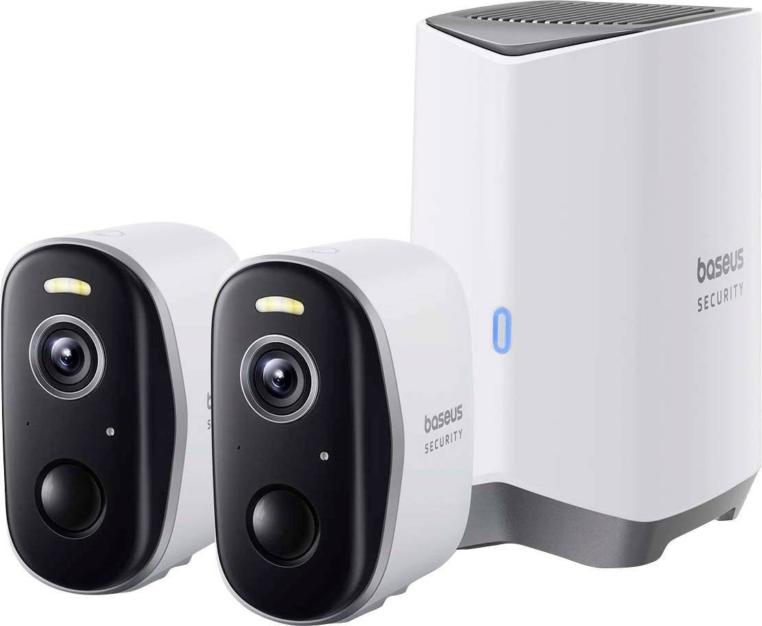 Zwei moderne Überwachungskameras und eine Basisstation von Baseus, geeignet für Sicherheitsüberwachung in Innen- oder Außenbereichen.