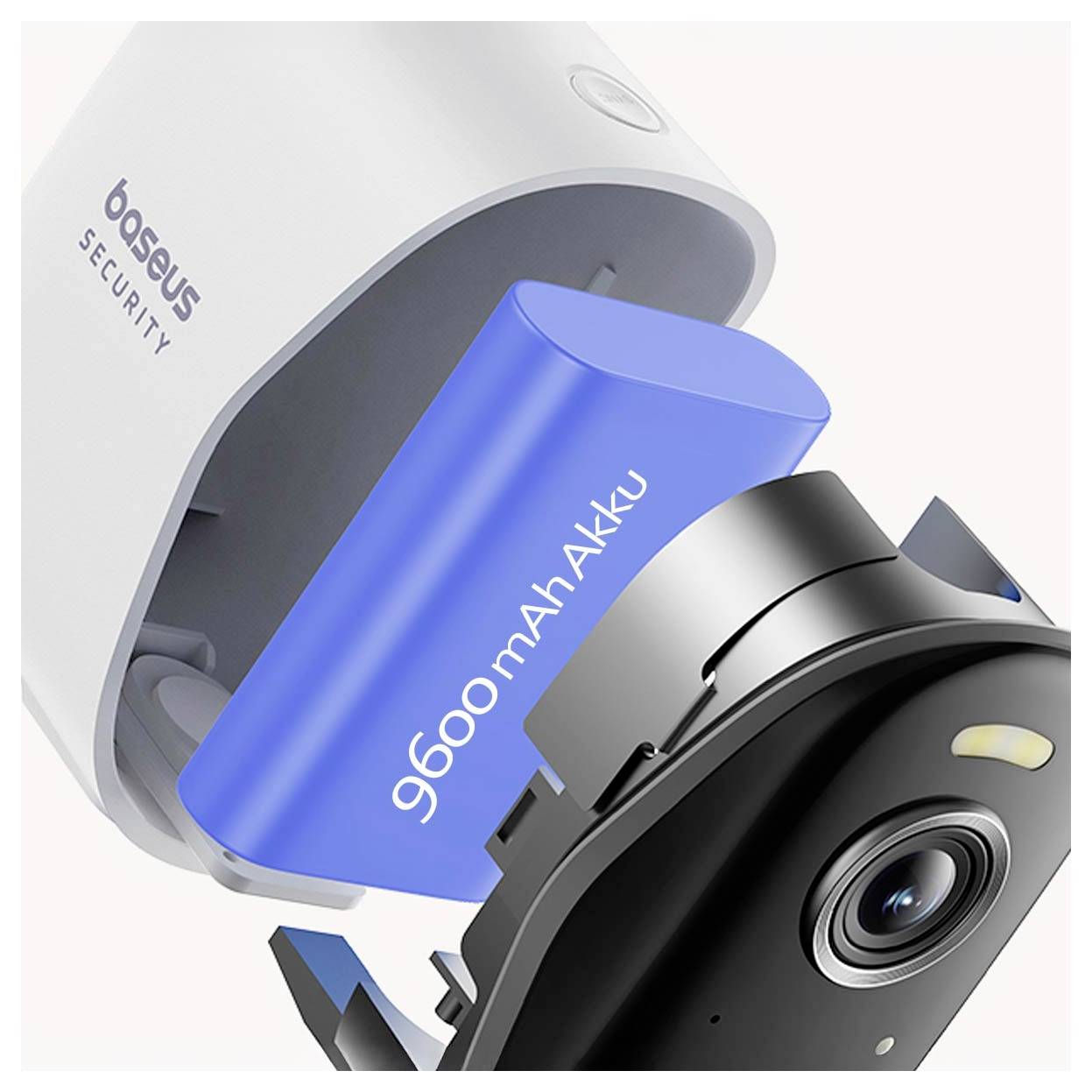 Eine Sicherheitskamera von Baseus, gezeigt mit einem herausnehmbaren 9600 mAh Akku, der für längeren Betrieb sorgt.