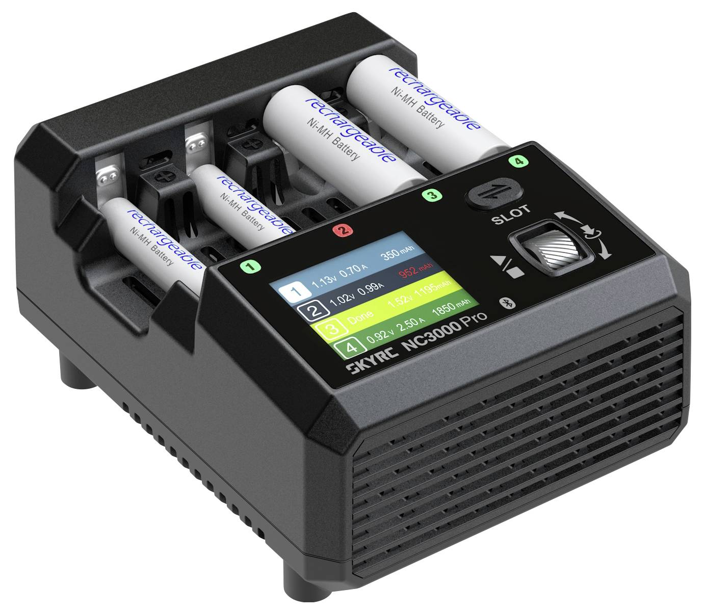 Batterie-Ladegerät mit einem LCD-Bildschirm, der den Ladestatus der eingelegten Batterien anzeigt. Das Ladegerät kann vier AA-Batterien aufnehmen.