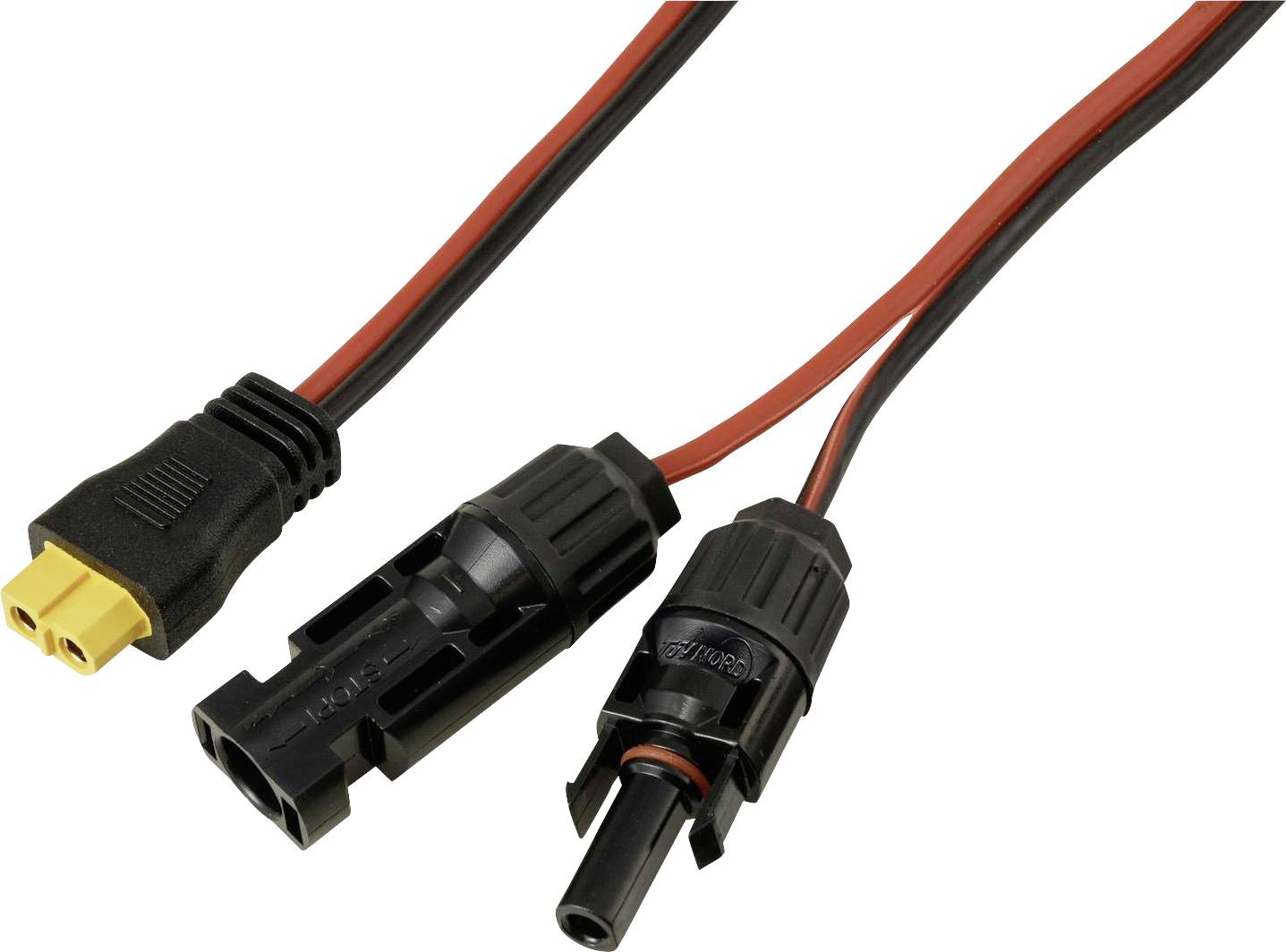 Drei Anschlüsse an einem Kabel: ein gelber XT60-Stecker und zwei schwarze MC4-Solarstecker, einer männlich und einer weiblich, für elektrische Verbindungen.