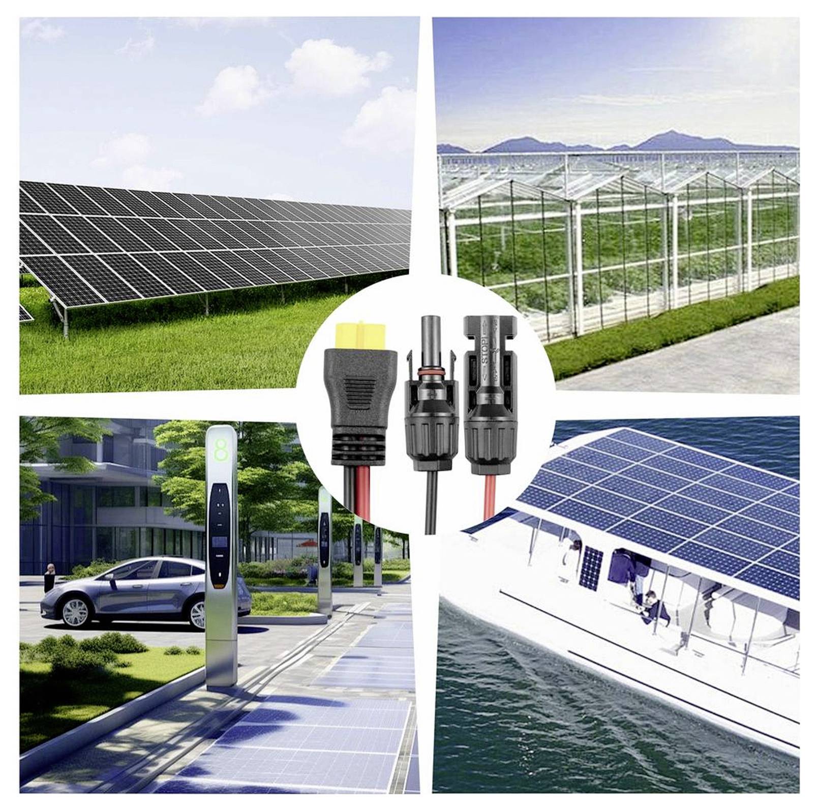 Collage von Solaranwendungen: Solarpanels auf einem Feld, Gewächshäuser, Elektrofahrzeug-Ladestationen und ein Boot mit Solarpanels.