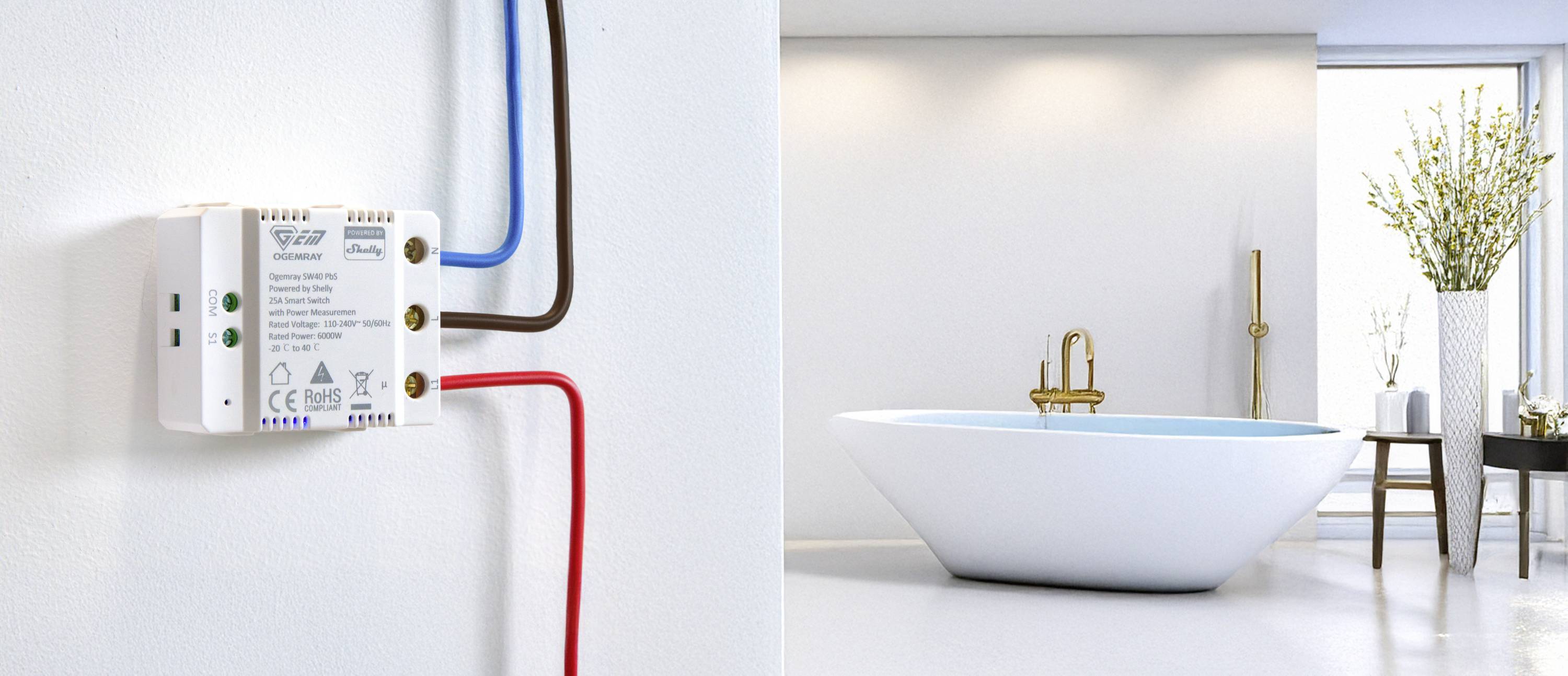 Shelly Ogemray smarter Relaisschalter 25A Schalt-Messaktor Bluetooth, Wi-Fi