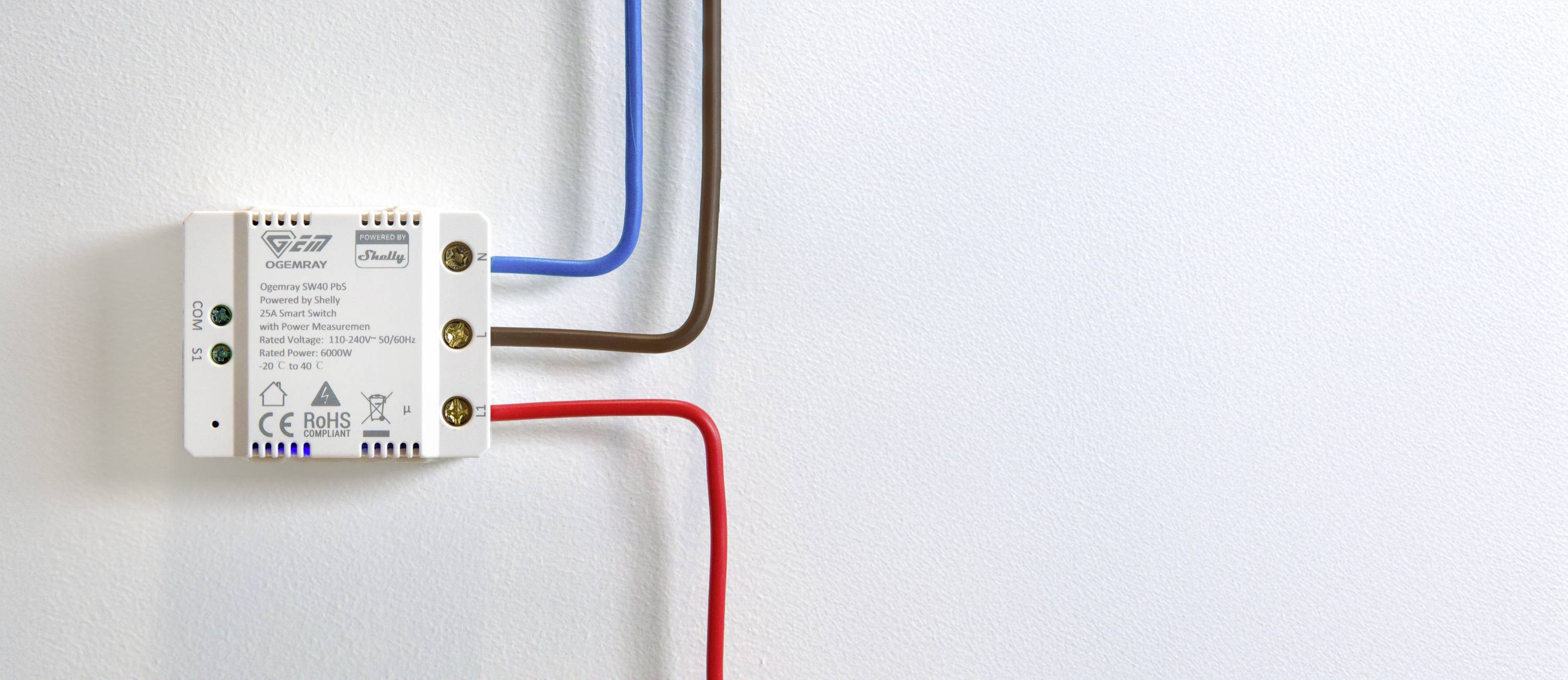 Shelly Ogemray smarter Relaisschalter 25A Schalt-Messaktor Bluetooth, Wi-Fi