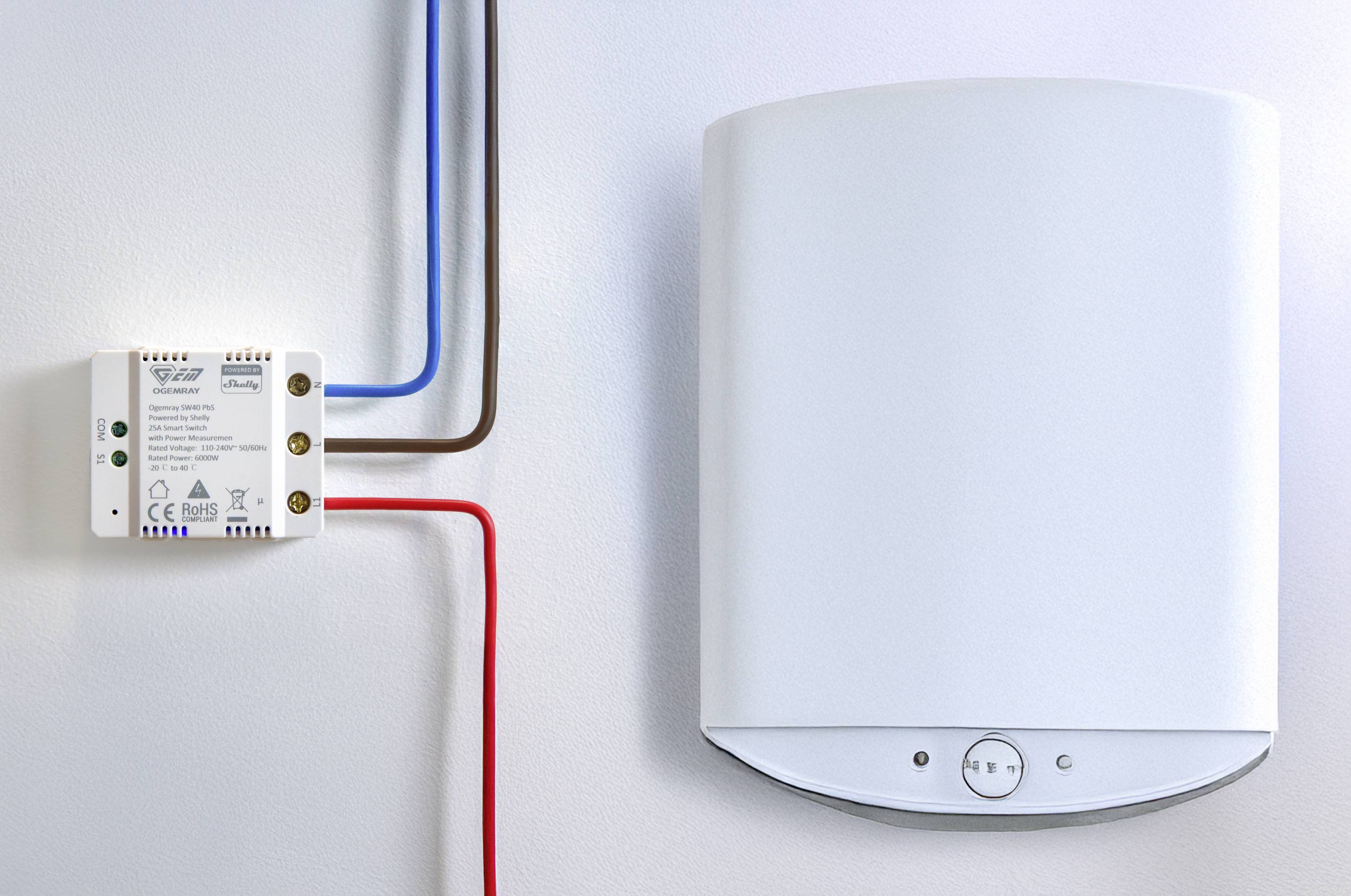 Shelly Ogemray smarter Relaisschalter 25A Schalt-Messaktor Bluetooth, Wi-Fi