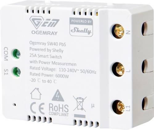 Shelly Ogemray smarter Relaisschalter 25 A Schalt-Messaktor Bluetooth, Wi-Fi