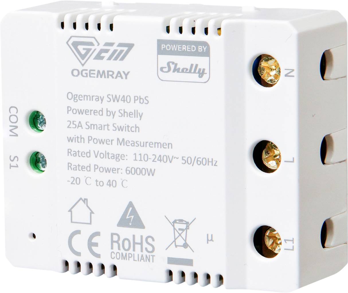 Shelly Ogemray smarter Relaisschalter 25A Schalt-Messaktor Bluetooth, Wi-Fi