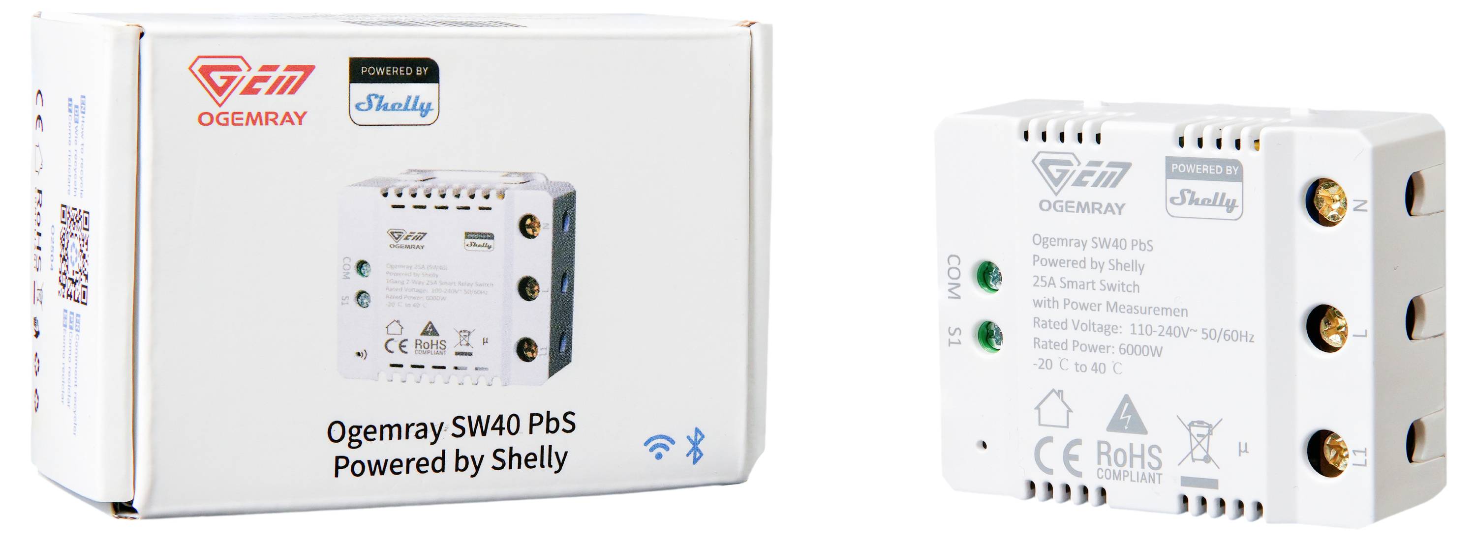 Shelly Ogemray smarter Relaisschalter 25A Schalt-Messaktor Bluetooth, Wi-Fi