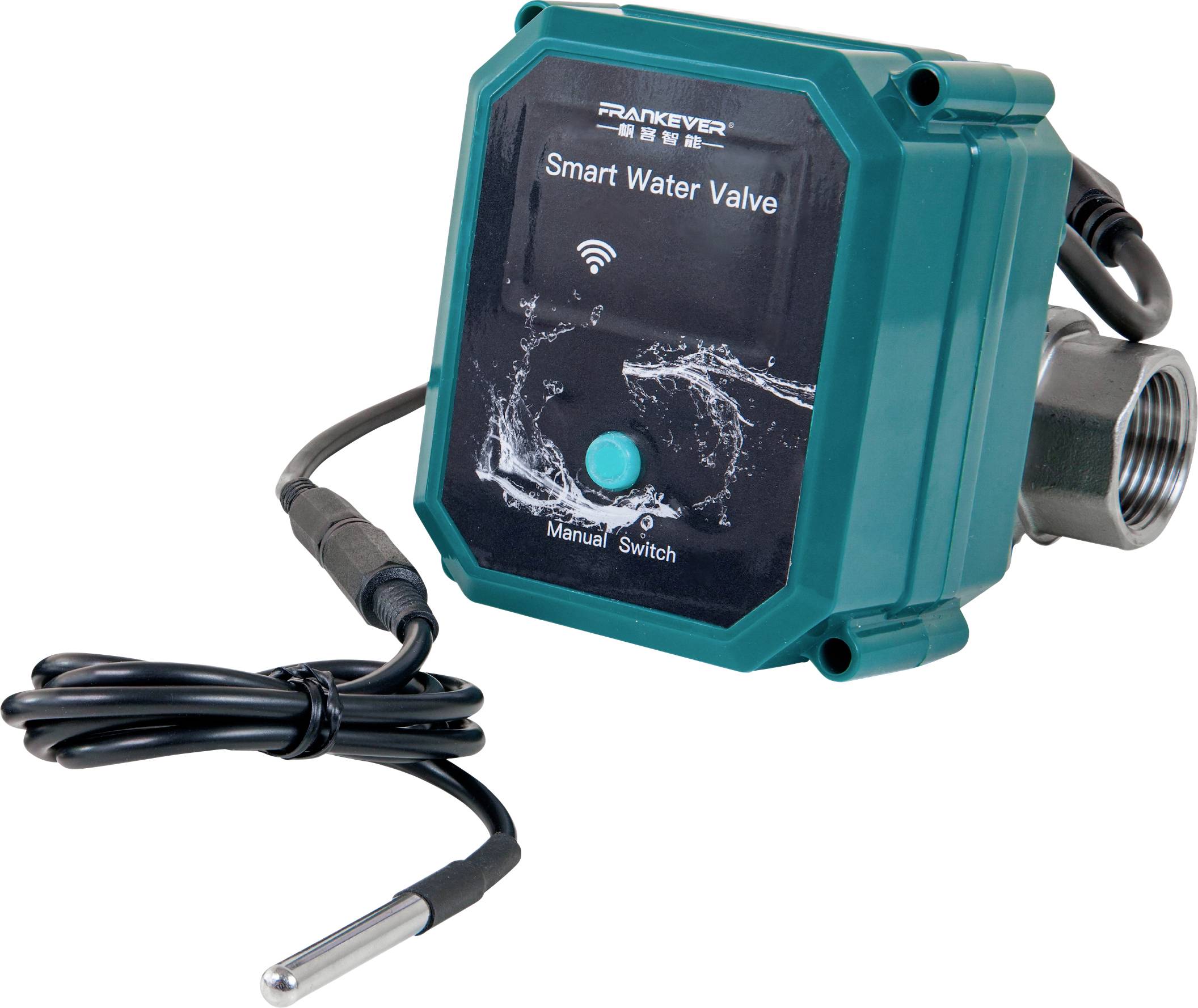 Ein grünes 'Smart Water Valve'-Gerät mit Bildschirm und Kabel. Es zeigt ein WLAN-Symbol und hat eine manuelle Umschalttaste.