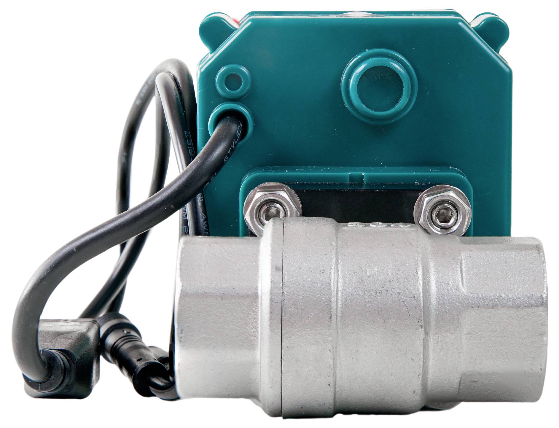 Elektrisches Ventil mit grünem Gehäuse und Metallrohranschluss, Kabel verbunden. Hauptbestandteil einer automatischen Steuerung.