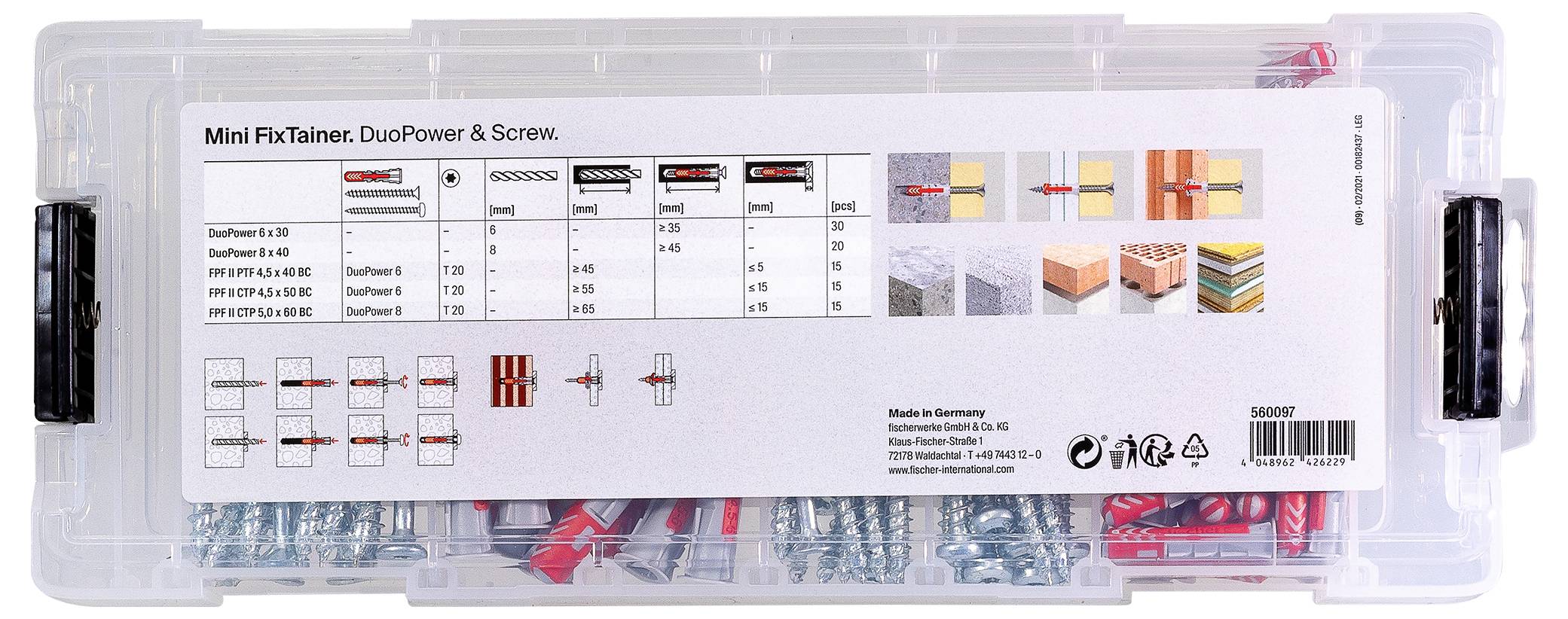 Transparente Box mit Schrauben und Dübeln, Etikett zeigt Produktinfos: 'Mini FixTainer: DuoPower & Screw', technisches Datenblatt, Bilder von Anwendungen.