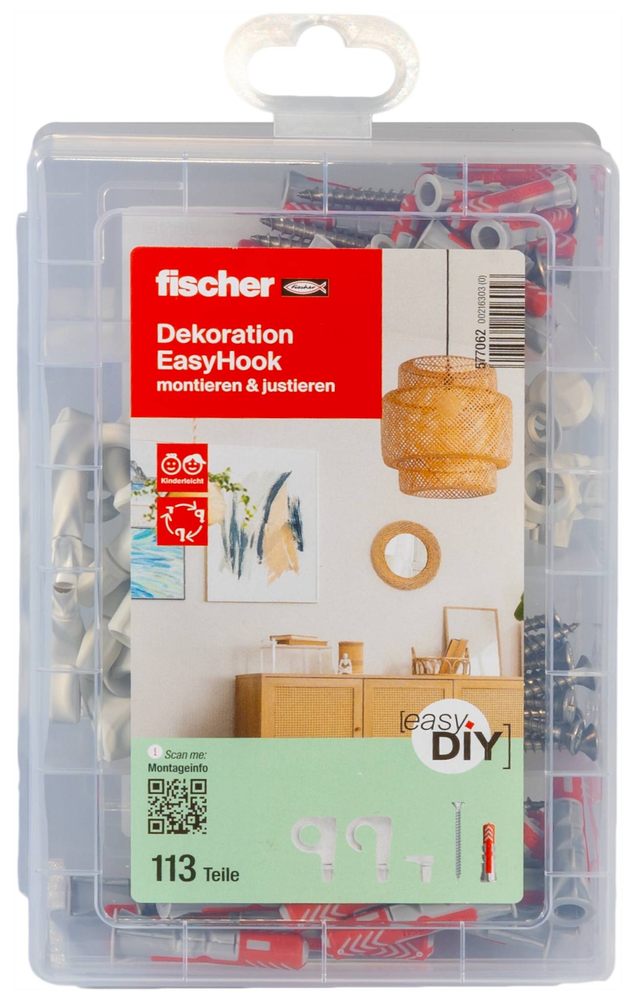 Eine Blisterpackung mit Fischer 'Dekoration EasyHook' Befestigungshaken, beschriftet mit '113 Teile', zeigt sortierte Wandhaken und Befestigungselemente für die Heimdekoration.