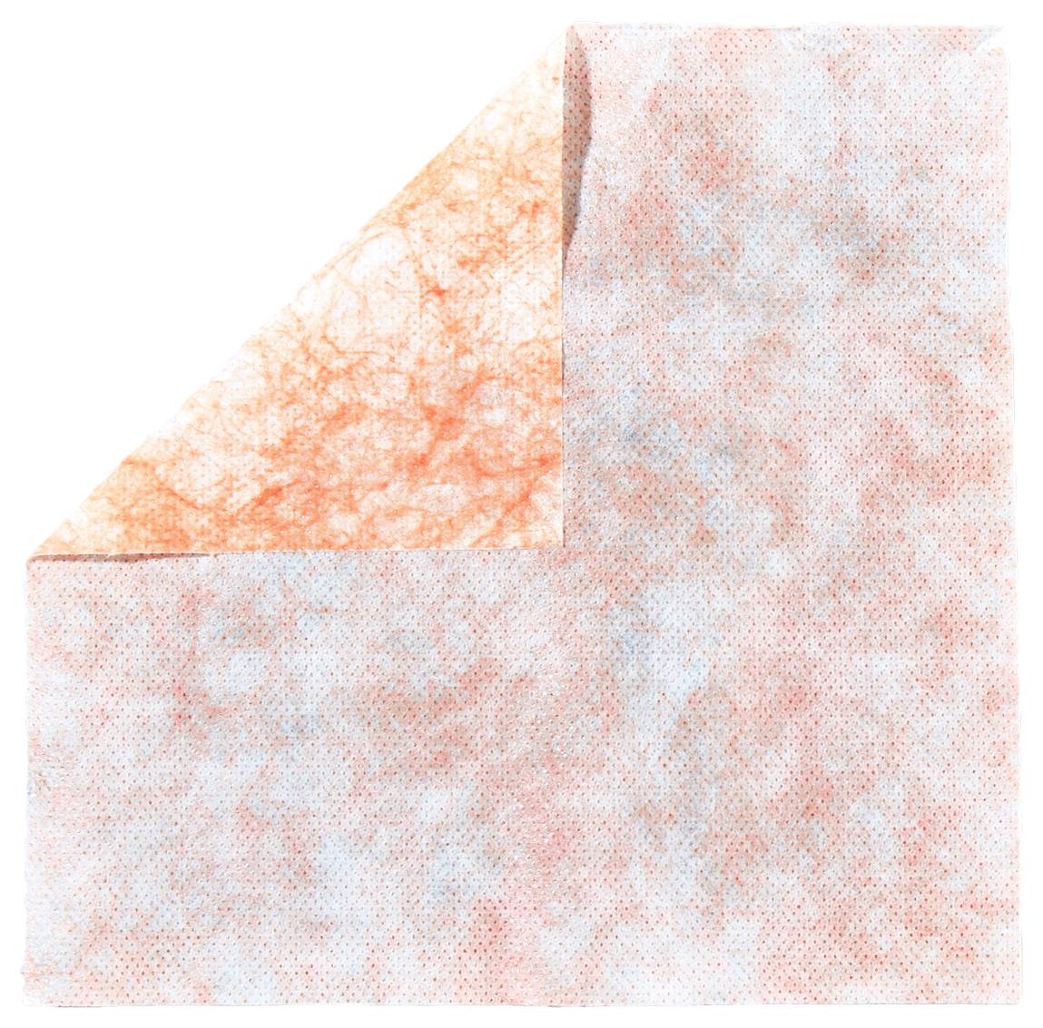 Ein quadratisches, zweifarbiges Reinigungstuch in Orange und Blau, mit einer leicht umgeschlagenen Ecke nach oben rechts.