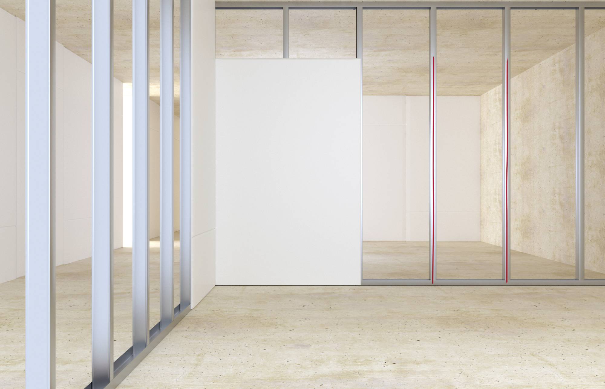 Zeitgenössische Innenarchitektur mit Glaswänden, die verschiedene Räume voneinander trennen. Heller Raum mit minimalistischer Ästhetik.