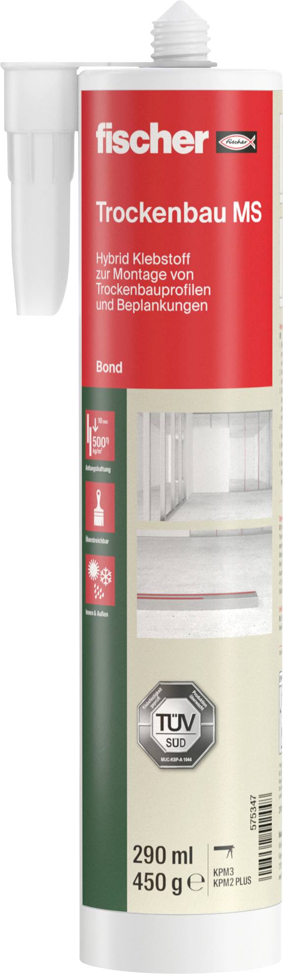 Kartusche mit Klebstoff, markiert mit 'fischer Trockenbau MS'. Eignet sich für Montage von Trockenbauprofilen. TÜV-Zertifikat abgebildet.