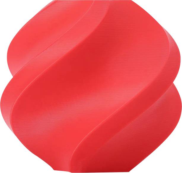 Eine rote, spiralförmige Plastikvase mit glatter Oberfläche, die einen modernen und abstrakten Stil präsentiert.