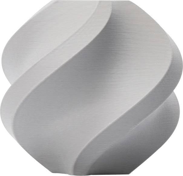 Abstrakte Skulptur mit spiralförmigem Design, das weiche Kurven und eine glatte, graue Oberfläche zeigt.