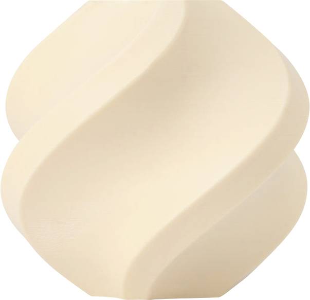 Eine beige, spiralförmige Skulptur mit sanften Kurven und glatter Oberfläche, die ein modernes Design-Element darstellt.