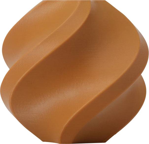 Eine orangefarbene, spiralförmige Skulptur mit glatter Oberfläche und gedrehtem Design.