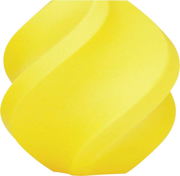 Ein gelber, spiralförmiger Gegenstand mit glatter Oberfläche und symmetrischen Kurven, ähnlich einem Schneckenhaus oder einer Vase.