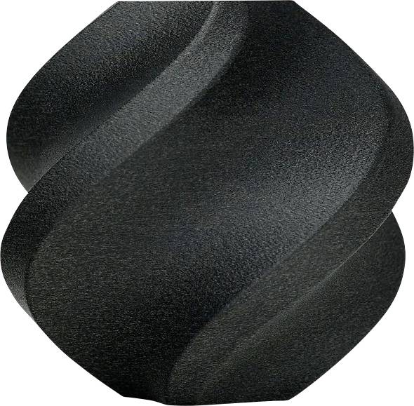 Ein schwarzer, gedrehter Zylinder mit einer glatten, texturierten Oberfläche.