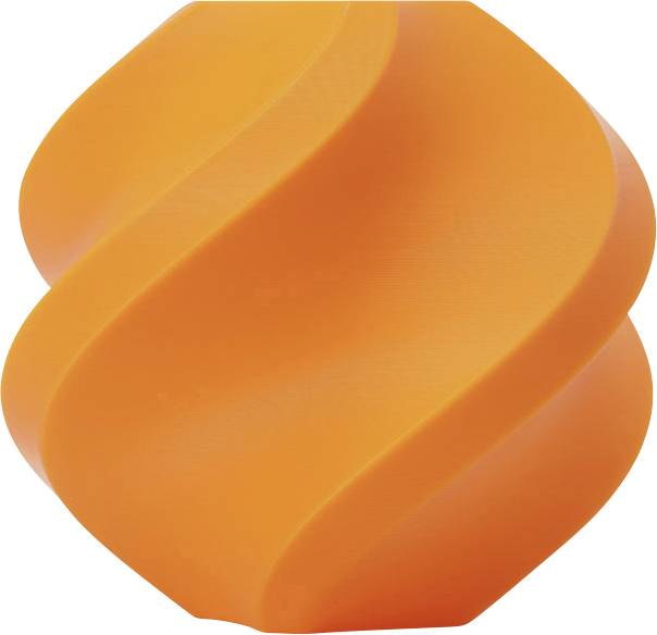 Eine abstrakte Skulptur mit spiralförmigen, orangefarbenen Formen, die sich winden und eine dynamische, dreidimensionale Struktur bilden.