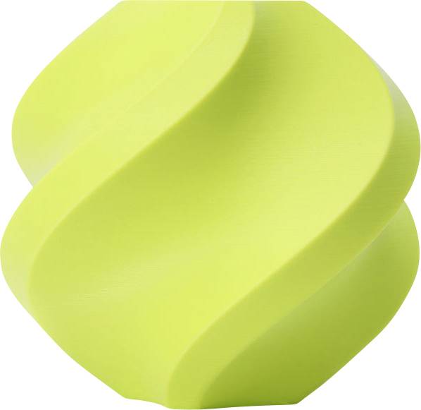 Eine limegrüne, spiralförmige Plastikskulptur mit geschwungenen Kanten vor einem weißen Hintergrund.