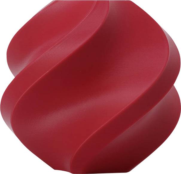 Rote, gedrehte, spiralförmige Skulptur vor weißem Hintergrund.