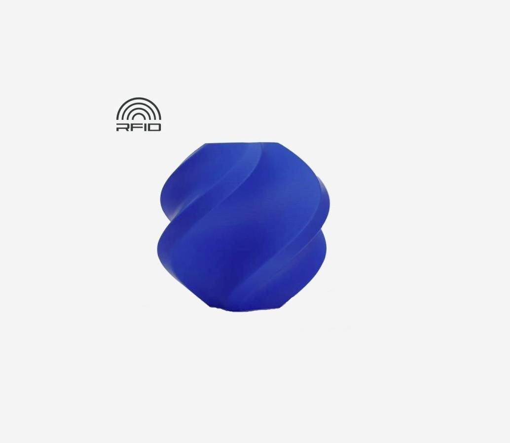 Ein blaues, spiralförmiges Objekt neben einem RFID-Symbol auf weißem Hintergrund.