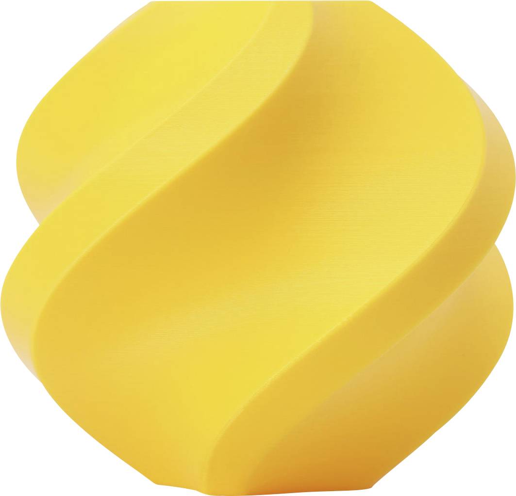 Gelber, spiralförmiger 3D-Objekt mit glatter Oberfläche, erinnert an eine gedrehte Kugel.