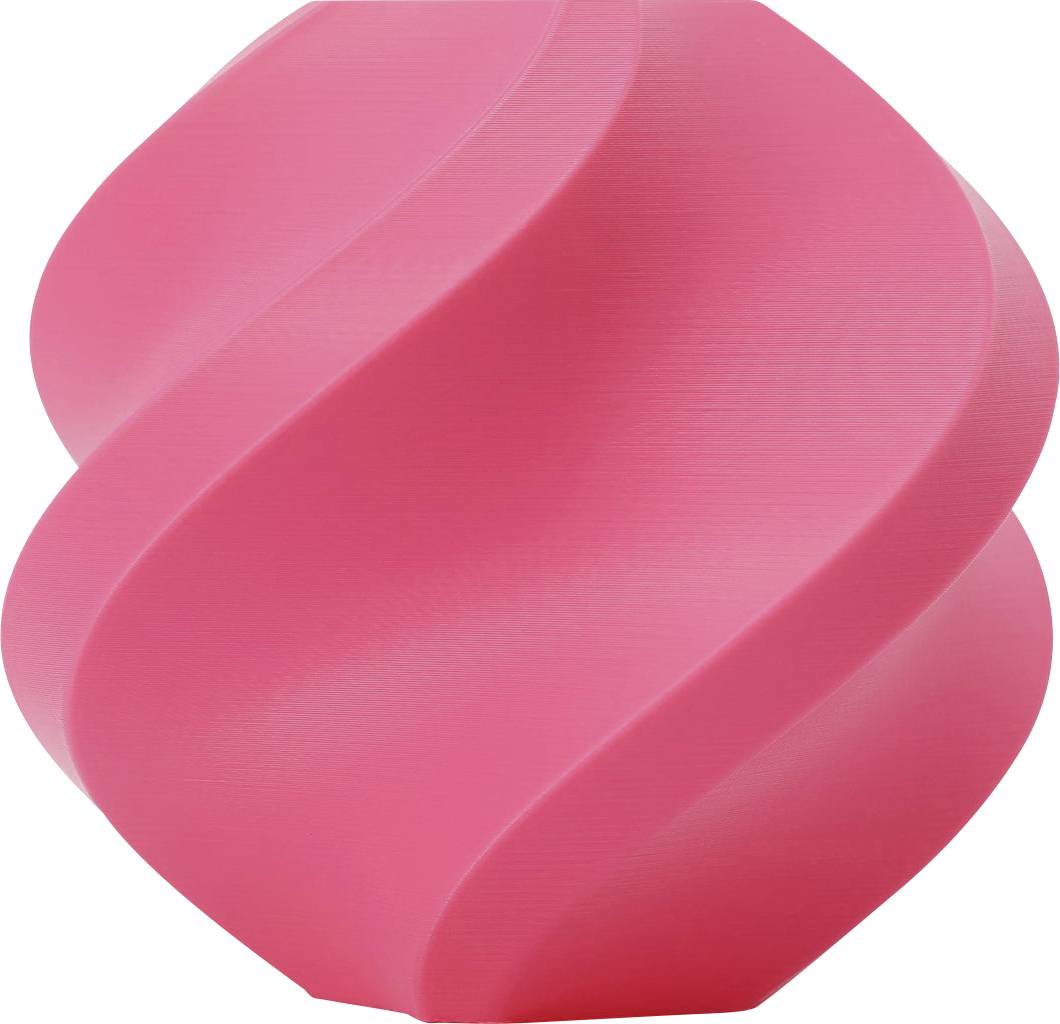 Skulptur in leuchtendem Pink mit geschwungenen, spiralförmigen Oberflächen, die eine dynamische Bewegung suggerieren.