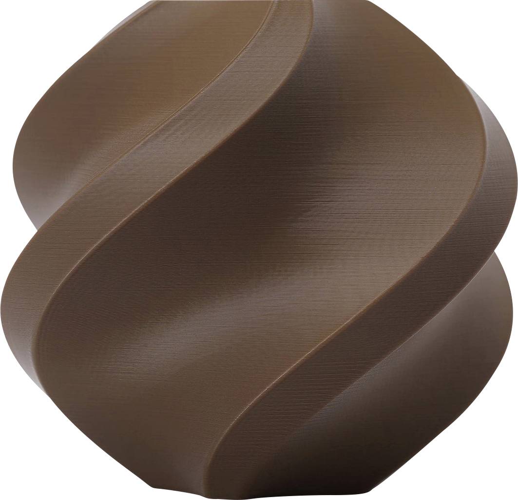 Eine braune, spiralförmige Vase mit glatter Oberfläche und modernen Designlinien.