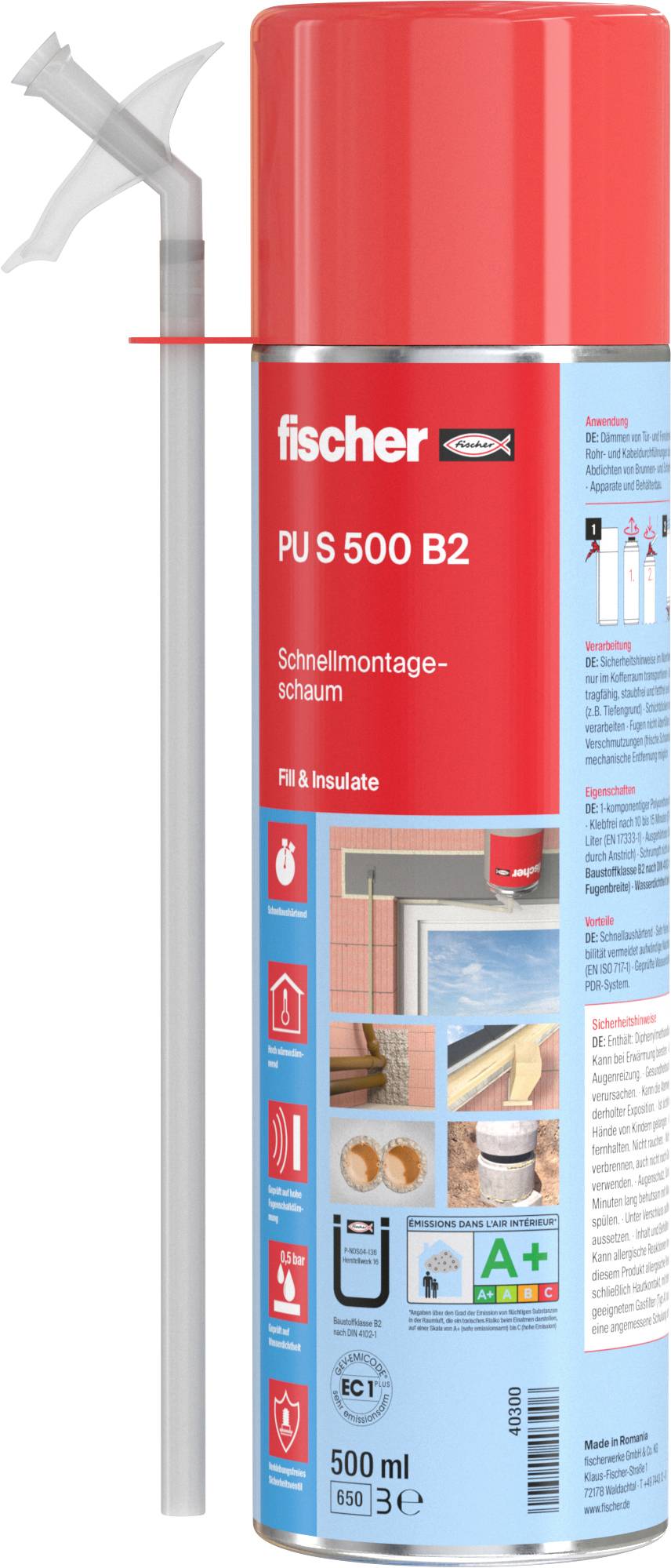 Eine Dose Fischer PU S 500 B2 Schaum mit angebrachtem Sprührohr, entwickelt für schnelle Montage- und Isolierungsaufgaben.