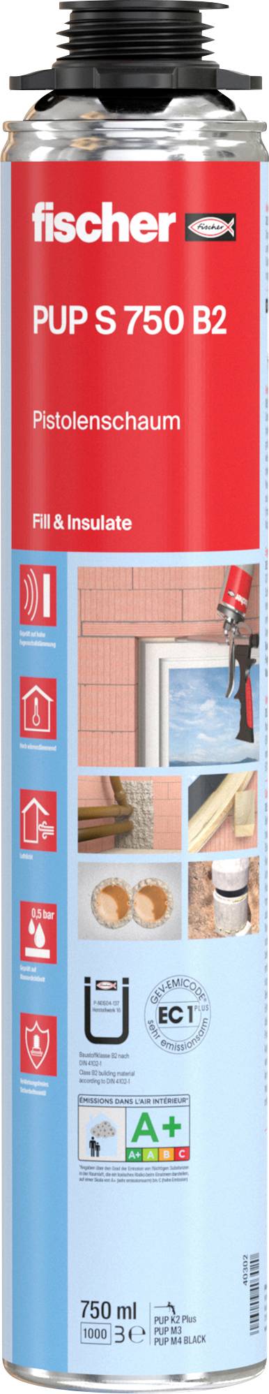 Eine Dose fischer PUP S 750 B2 Schaum zum Füllen und Dämmen. Enthält Abbildungen zur Anwendung, Sicherheitssymbole, 750 ml Volumen und Qualitätsbewertungen.