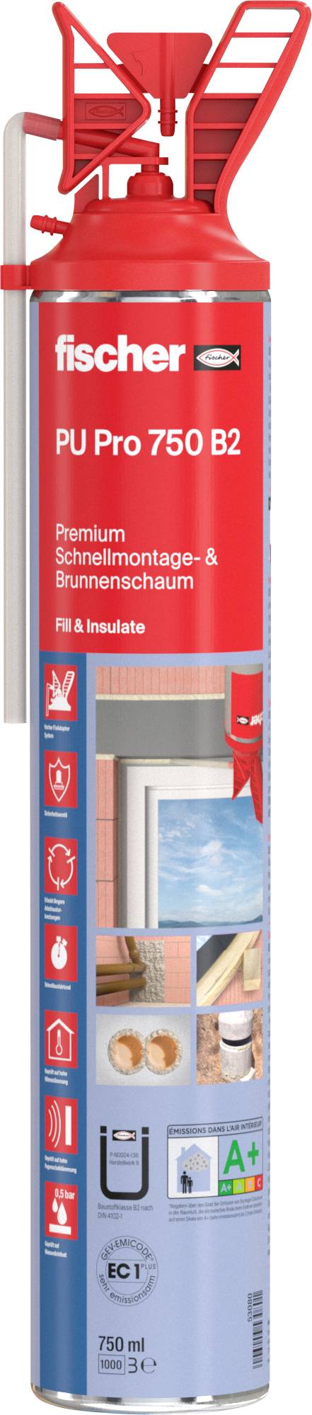 Eine rote und weiße Dose mit der Aufschrift 'fischer PU Pro 750 B2' enthält Symbole, die verschiedene Bauanwendungen wie Abdichtung und Isolierung anzeigen.