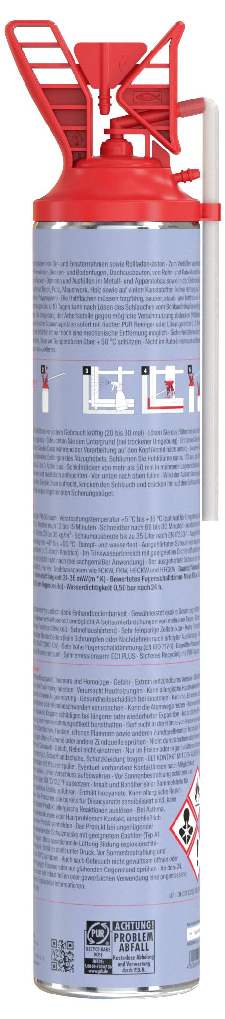 Ein roter Feuerlöscher mit detaillierten Anweisungen und Sicherheitswarnungen auf dem Etikett.