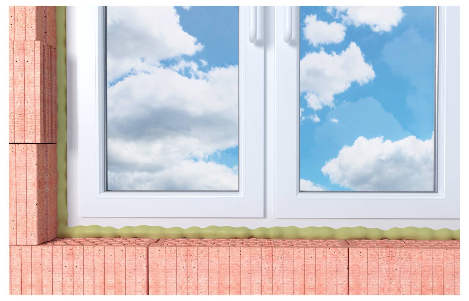 Rote Ziegel, die an einer Wand gestapelt sind, unter einem weiß gerahmten Fenster, das einen hellblauen Himmel mit flauschigen weißen Wolken zeigt.