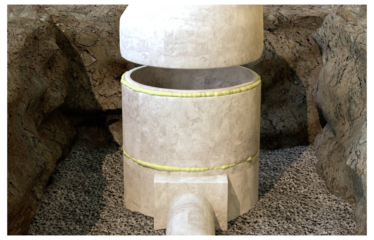 Betonablaufstruktur für Regenwasserkanalisation mit offener Einlassöffnung in einer felsigen Umgebung, die Sedimentkontrollmaßnahmen im Bereich der Verbindungsstelle zeigt.