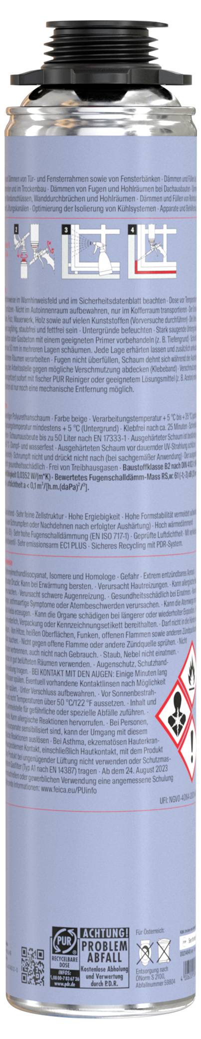 Eine hohe zylindrische Dose mit einem blauen Etikett, das Warnsymbole und detaillierte Anweisungen in kleiner Schrift trägt.