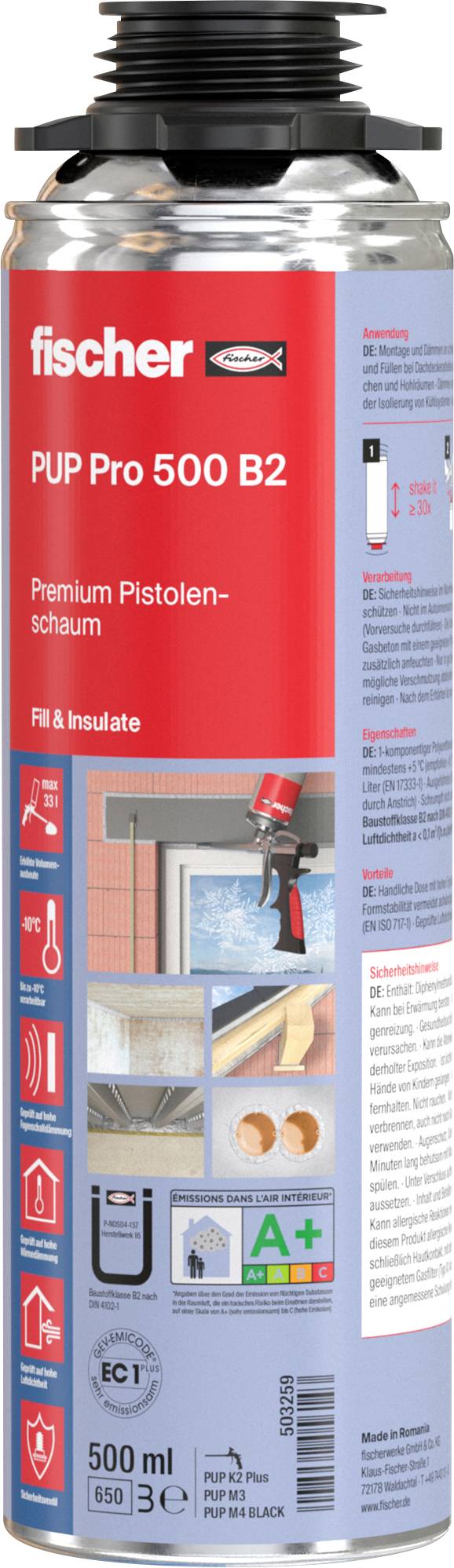 Eine Dose Fischer PUP Pro 500 B2 Schaum, gekennzeichnet zum Füllen und Isolieren. Enthält Gebrauchsanweisungen, Sicherheitssymbole und eine Kapazität von 500 ml.