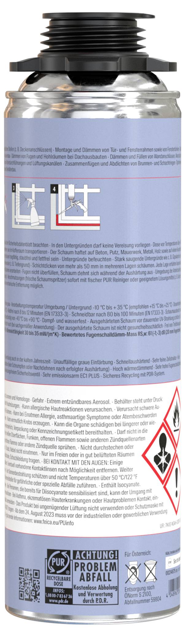 Eine silberne Sprühdose mit einem schwarzen Deckel, die Gefahrensymbole und Warnhinweise auf Deutsch trägt, die Entzündbarkeit und Umweltrisiken anzeigen.