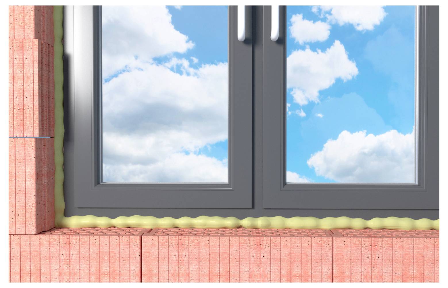Eine 'gedämmte Wand mit Ziegeln und Schaum' zeigt einen Wandabschnitt mit roten Ziegeln und Dämmschaum um ein Fenster herum. Durch das Fenster ist blauer Himmel mit Wolken zu sehen.