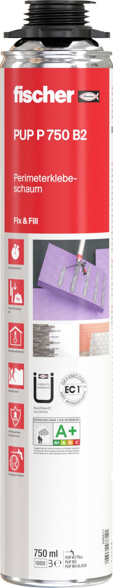 Eine hohe zylindrische Dose Fischer PUP P 750 B2, ein Perimeter-Dichtstoff-Schaum. Das Etikett zeigt Anwendungsbilder und Produktsymbole.