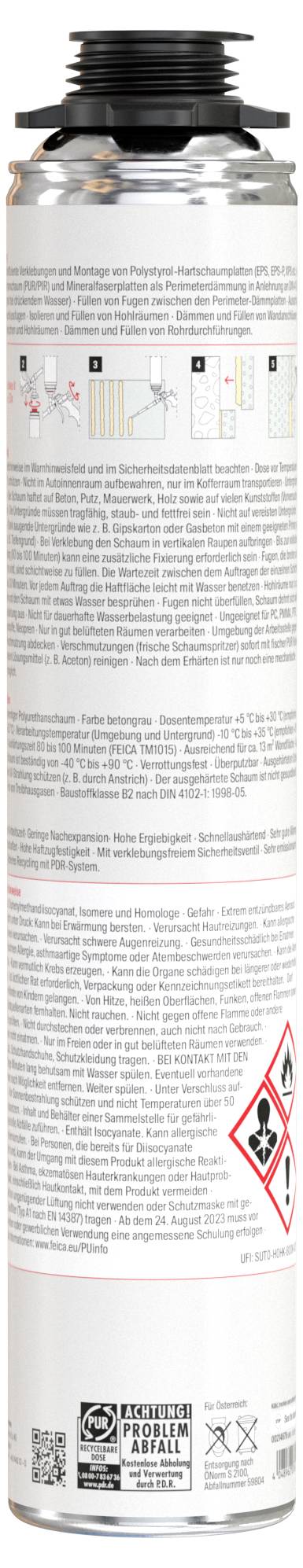 Eine Kanister mit Anweisungen und Sicherheitssymbolen auf seinem Etikett. Enthält Diagramme und Warnhinweise, die zur Vorsicht bei der Verwendung mahnen.