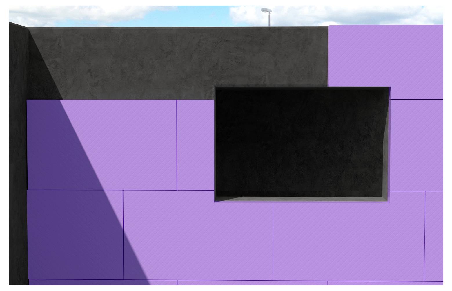 Eine moderne Gebäudefassade mit schwarzen und violetten Paneelen und einem großen, dunklen Fenster an einem sonnigen Tag mit blauem Himmel.