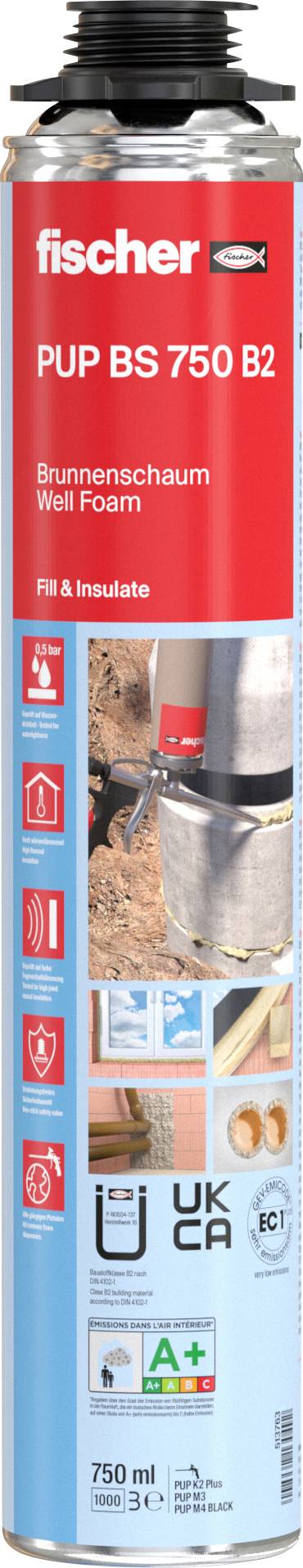 Eine Dose Fischer PUP BS 750 B2 Montageschaum mit Verwendungssymbolen und einem Foto, das die Anwendung auf Oberflächen demonstriert.