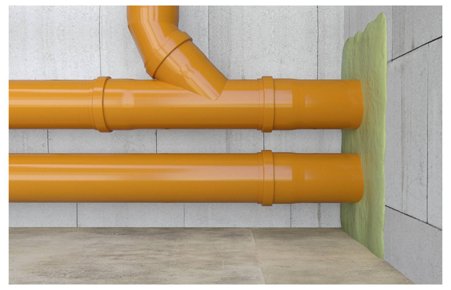 Zwei leuchtend orangefarbene Rohre verlaufen horizontal an einer Betonwand; das obere Rohr verbindet sich in einem Winkel mit einem anderen, ausgerichtet auf einen grünen Fleck.