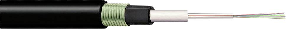Querschnitt eines Glasfaserkabels mit mehreren Schichten, einschließlich einer dicken schwarzen Außenhülle, grüner Verstärkung und zentralen Glasfasersträngen.
