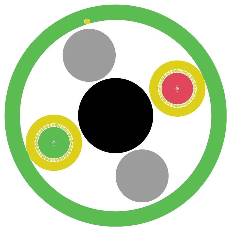 Abstraktes Design mit einem großen zentralen schwarzen Kreis, umgeben von kleineren grünen, gelben und grauen Kreisen mit einem grünen Rahmen.