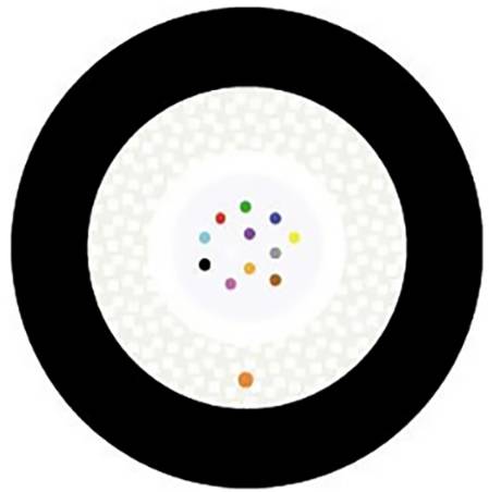 Ein Kreisdiagramm mit einem schwarzen äußeren Ring, einem weißen Zentrum mit kleinen, mehrfarbigen Punkten und einem orangefarbenen Punkt am unteren Rand.